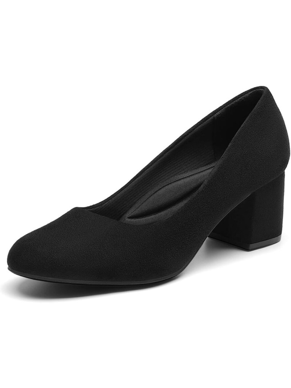 Women's Black Suede Block Heels Pumps Round Toe Non Slip Outsole Dressy Shoes